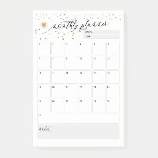 Maandelijkse Planner Heart Scatter Gold Post-it® Notes (Voorkant)
