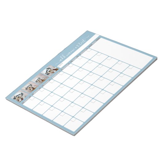 Maandelijkse Planner - modern script en fotoblauw Notitieblok (Schuin)
