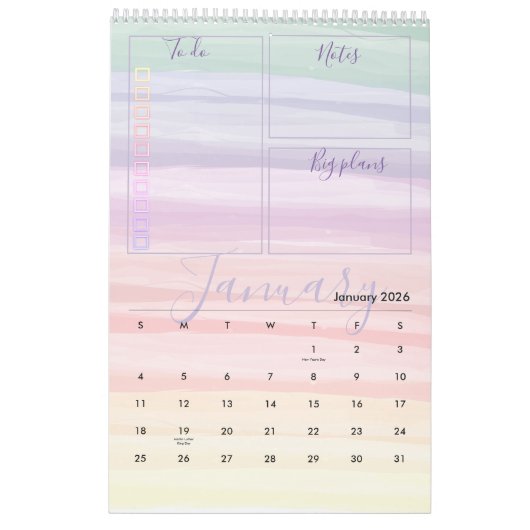 Maandelijkse planner voor regenbooglijnpenselen Wa Kalender (Jan 2026)