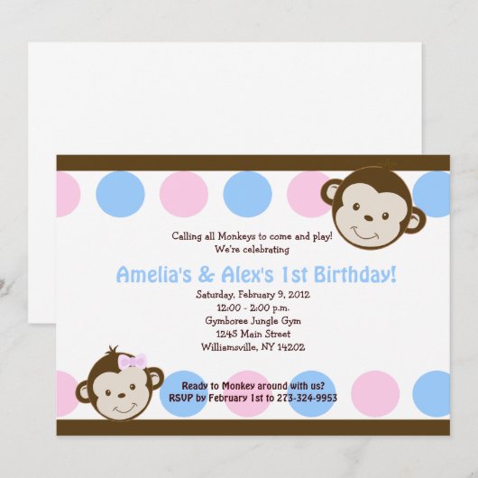 Maandelijkse tweelingen roze/blauw 5 x 7 verjaarda kaart (Voorkant / Achterkant)