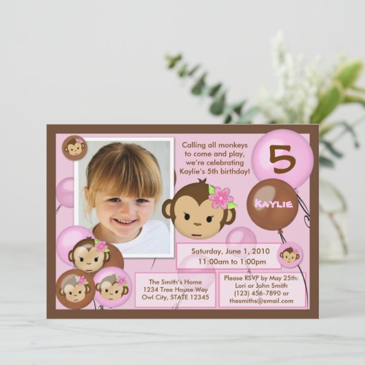 Maandelijkse verjaardagsuitnodiging roze bruin (fo kaart (Staand voorkant)