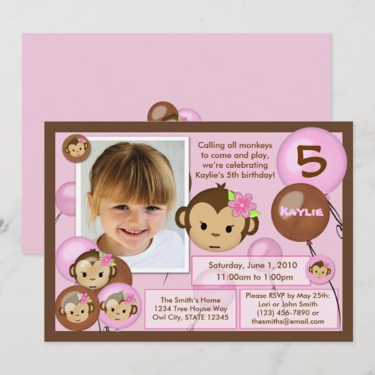 Maandelijkse verjaardagsuitnodiging roze bruin (fo kaart (Voorkant / Achterkant)