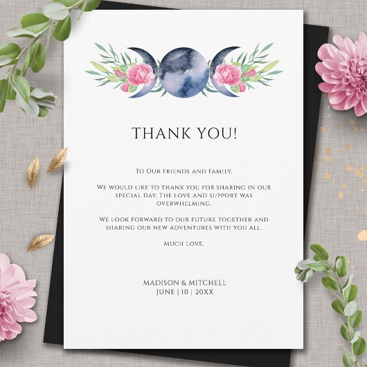 Maanfase Roze Bloemen Metafysische Bruiloft Bedankkaart