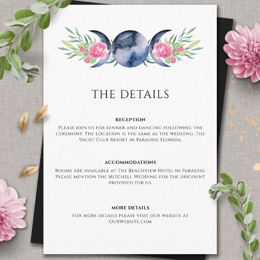 Maanfase Roze Bloemen Metafysische Bruiloft Informatiekaartje