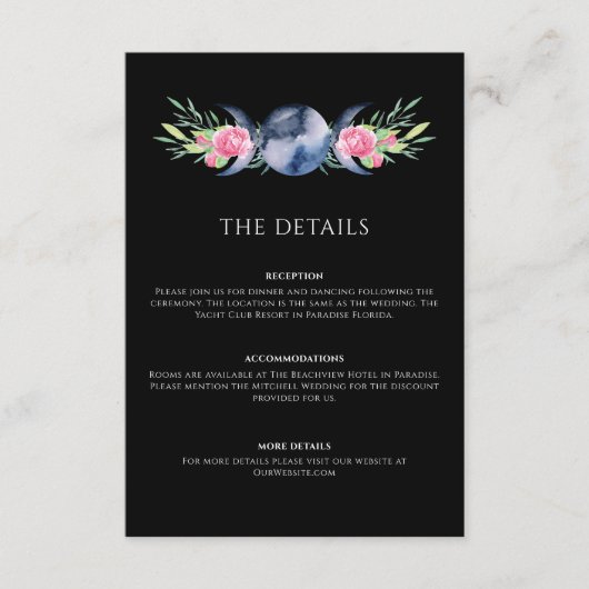 Maanfase Roze Bloemen Metafysische Bruiloft Informatiekaartje (Voorkant)