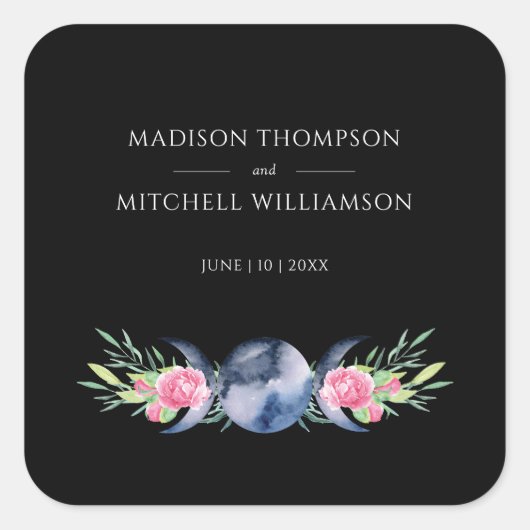 Maanfase Roze Rozen Bloemen Metafysische Bruiloft Vierkante Sticker (Voorkant)