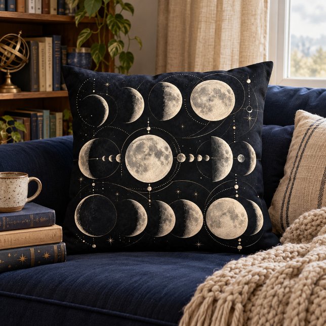 Maanfase Veld Worp Kussen (16 inch cotton pillow. Same design both sides. Foil effect is printed. Scene props not included.)