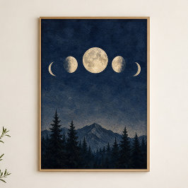 Maanfasen boven de bergkam Aquarel Poster