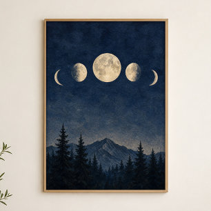 Maanfasen boven de bergkam Aquarel Poster