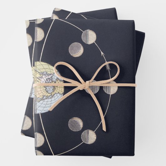 Maanfasen met aarde en zon, sterrenkunde inpakpapier vel (In situ)