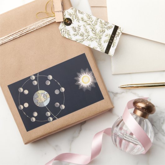 Maanfasen met aarde en zon,  sterrenkunde rechthoekige sticker (Geschenken)