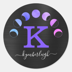 Maanfasen Paarse Roze Blauwgroen Glam Monogram Naa Ronde Sticker