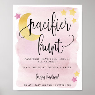 Maanfeest, Roze Baby Shower Fopspenen Jacht Game Poster