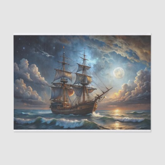 Maanlicht Galjoen Majestic Zeilschip Decoupage Tissuepapier (Voorkant)
