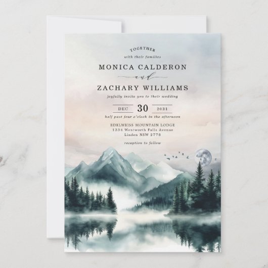 Maanlicht Mountain Pine Tree Forest Wedding Kaart (Voorkant)