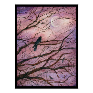 Maanlicht Raaf Aquarel Kunst Perfect Poster