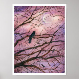 Maanlicht Raaf Aquarel Kunst Poster