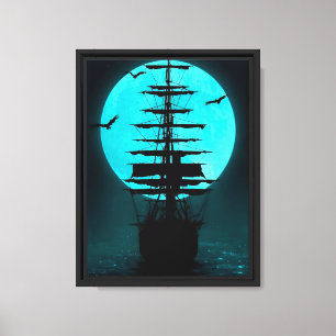 Maanlicht schip en volle maan canvas afdruk