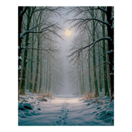 Maanlicht Voetsporen In een Besneeuwd Bos Perfect Poster