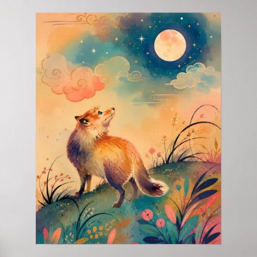 MAANLICHT VOS VOLKSKUNST BOS NACHT POSTER (Voorkant)