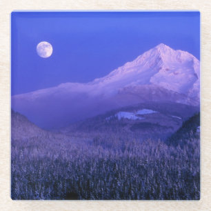 Maanopkomst boven Mt Hood winter, Oregon Glazen Onderzetter