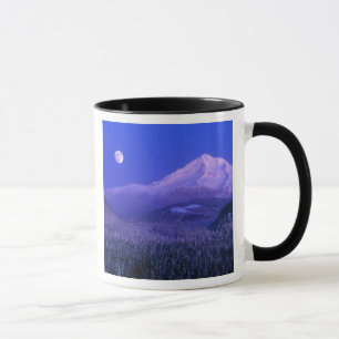 Maanopkomst boven Mt Hood winter, Oregon Mok