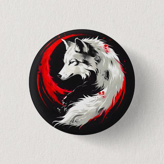 Maanrood Witte Wolf Ronde Button 3,2 Cm (Voorkant)