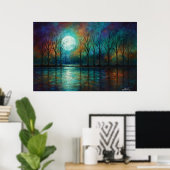 Maansluier - Gesilhouetteerde Bomen in Teal Scheme Poster (Thuiskantoor)