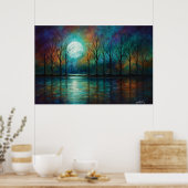 Maansluier - Gesilhouetteerde Bomen in Teal Scheme Poster (Keuken)