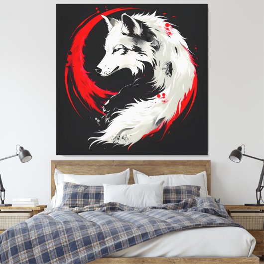 Maansrode witte wolf canvas afdruk (Insitu (Slaapkamer))