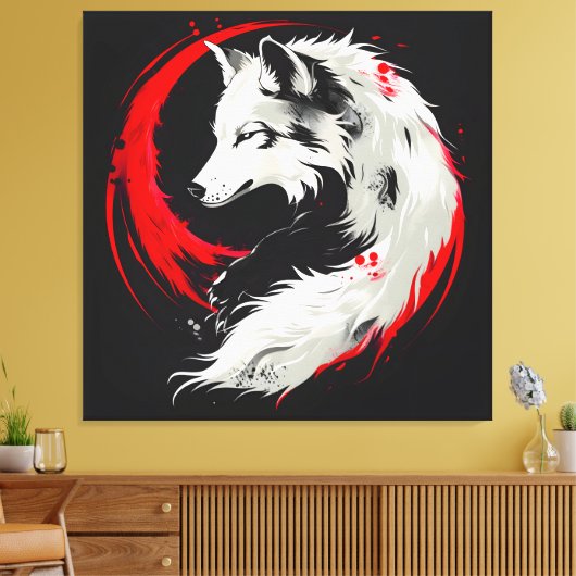 Maansrode witte wolf canvas afdruk (Insitu (Woonkamer))