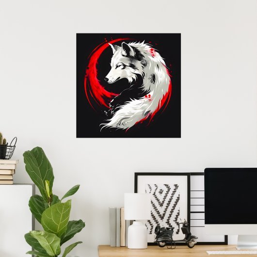 Maansrode witte wolf poster (Thuiskantoor)
