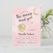 Maantje gold glitter roze wolken baby shower kaart (Staand voorkant)