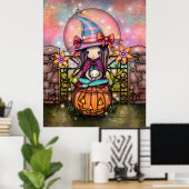 Maanverlegen Cute Heks met Kat Kunst Poster (Thuiskantoor)
