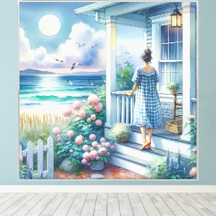 Maanverlicht huisje aan de zee canvas afdruk