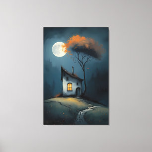 Maanverlicht huisje onder de herfstboom canvas afdruk