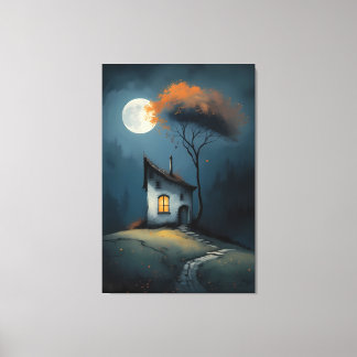 Maanverlicht huisje onder de herfstboom canvas afdruk