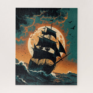 Maanverlicht piratenschip in stormachtige zeeën legpuzzel
