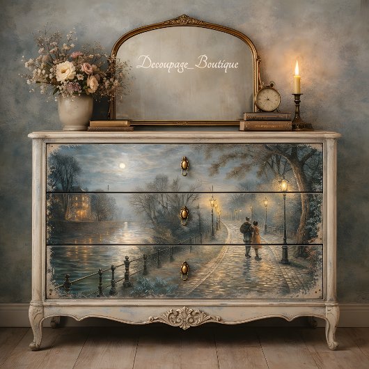 Maanverlicht stel dat langs rivierpad Decoupage Tissuepapier