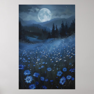Maanverlicht wildbloemenveld donkere cottagecore m poster