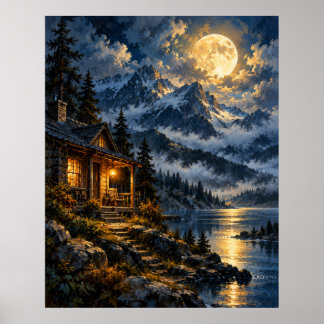 Maanverlichte Alpenhut - Gouden Maanmeer Poster