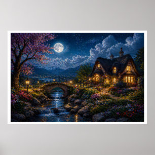 Maanverlichte Betoverde Cottage Canvasprint – Magi Poster