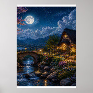 Maanverlichte Betoverde Cottage Canvasprint – Magi Poster