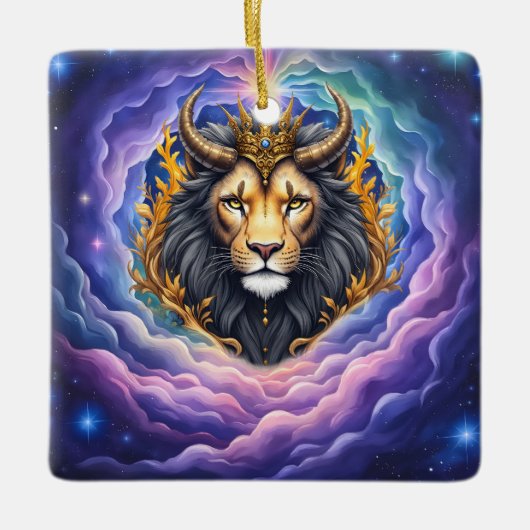 Maanverlichte Bewakers – Kosmische leeuw. Keramisch Ornament (Voorkant)