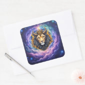 Maanverlichte Bewakers – Kosmische leeuw. Vierkante Sticker (Envelop)