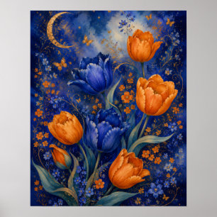 MAANVERLichte BLAUWE AMBER TULPEN TUIN Poster