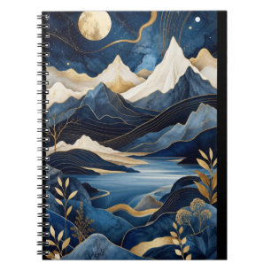 Maanverlichte Blauwe & Gouden Bergmeer Landschapsk Notitieboek