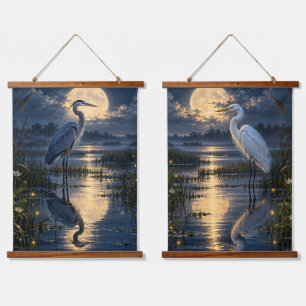 Maanverlichte Blauwe Reiger Witte Egrets Natuurtaf Hangend Wandkleed