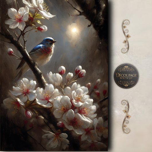 Maanverlichte Blauwe Vogel Bloesem Decoupage Tissuepapier