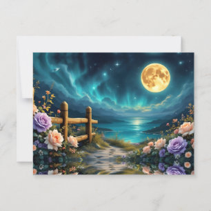 Maanverlichte bloemrijke weg naar het strand briefkaart